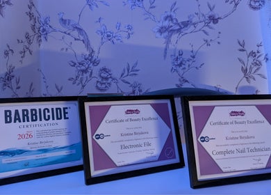 Certificates of excellence at Muse K Nails, showcasing beauty accomplishments in London, England, GB.
