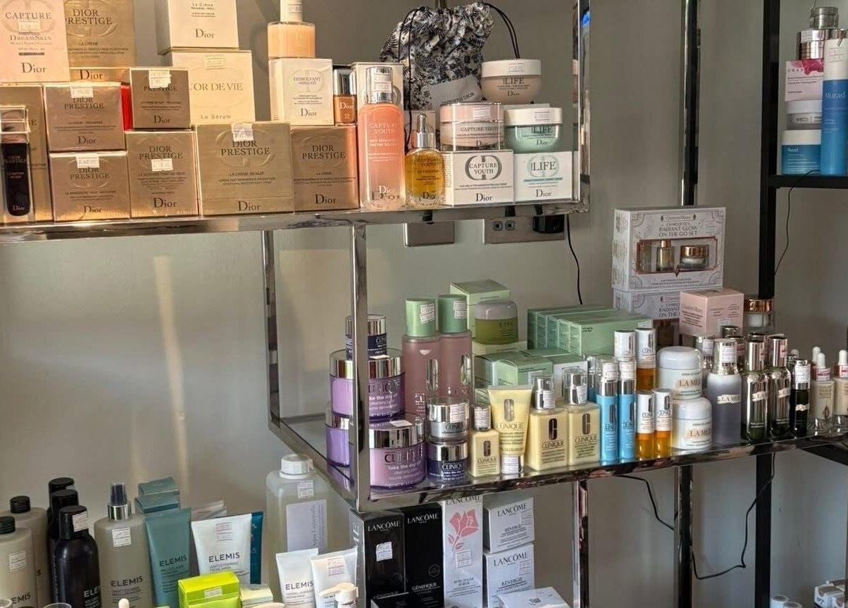 LuxuryCosmetics shelf displays premium beauty products in South Woodham Ferrers, England, GB.