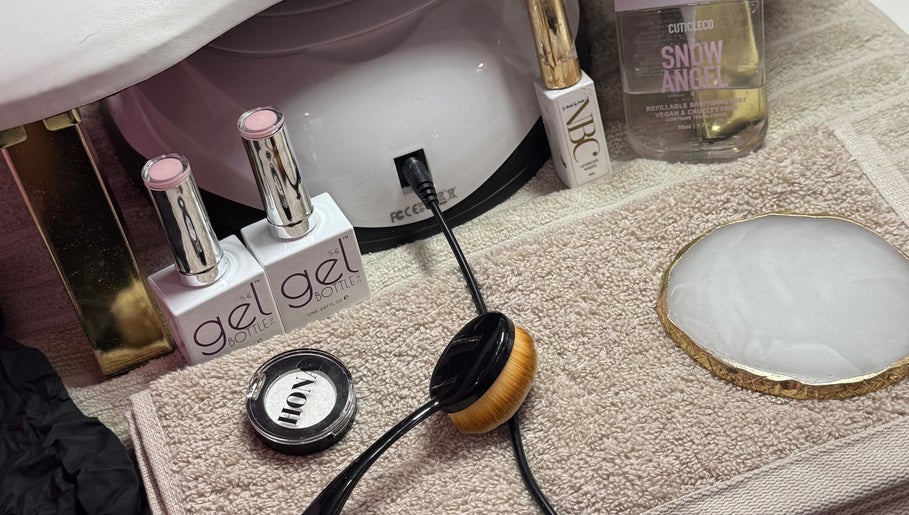 Nail care essentials at ByMacyAsh in Stoke-on-Trent, England, GB, showcasing gel polishes and tools.