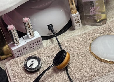 Nail care essentials at ByMacyAsh in Stoke-on-Trent, England, GB, showcasing gel polishes and tools.