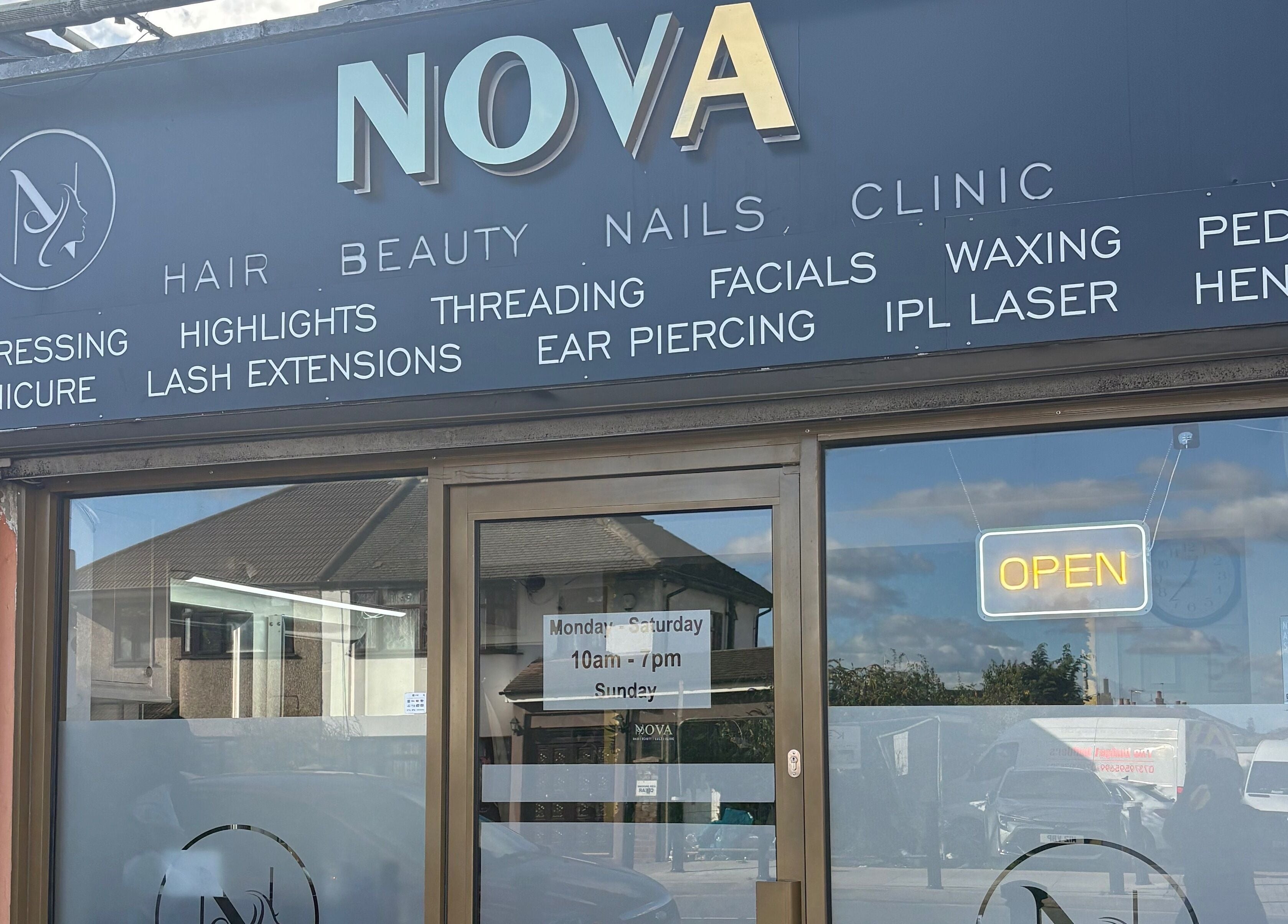 Stiletto Vault facade with beauty services listed, located in Wembley, England, GB.
