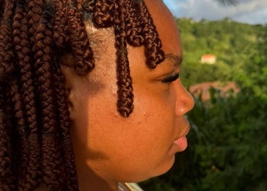 Side profile of intricate braids at Hair .Byann, Kingstown, VC.
