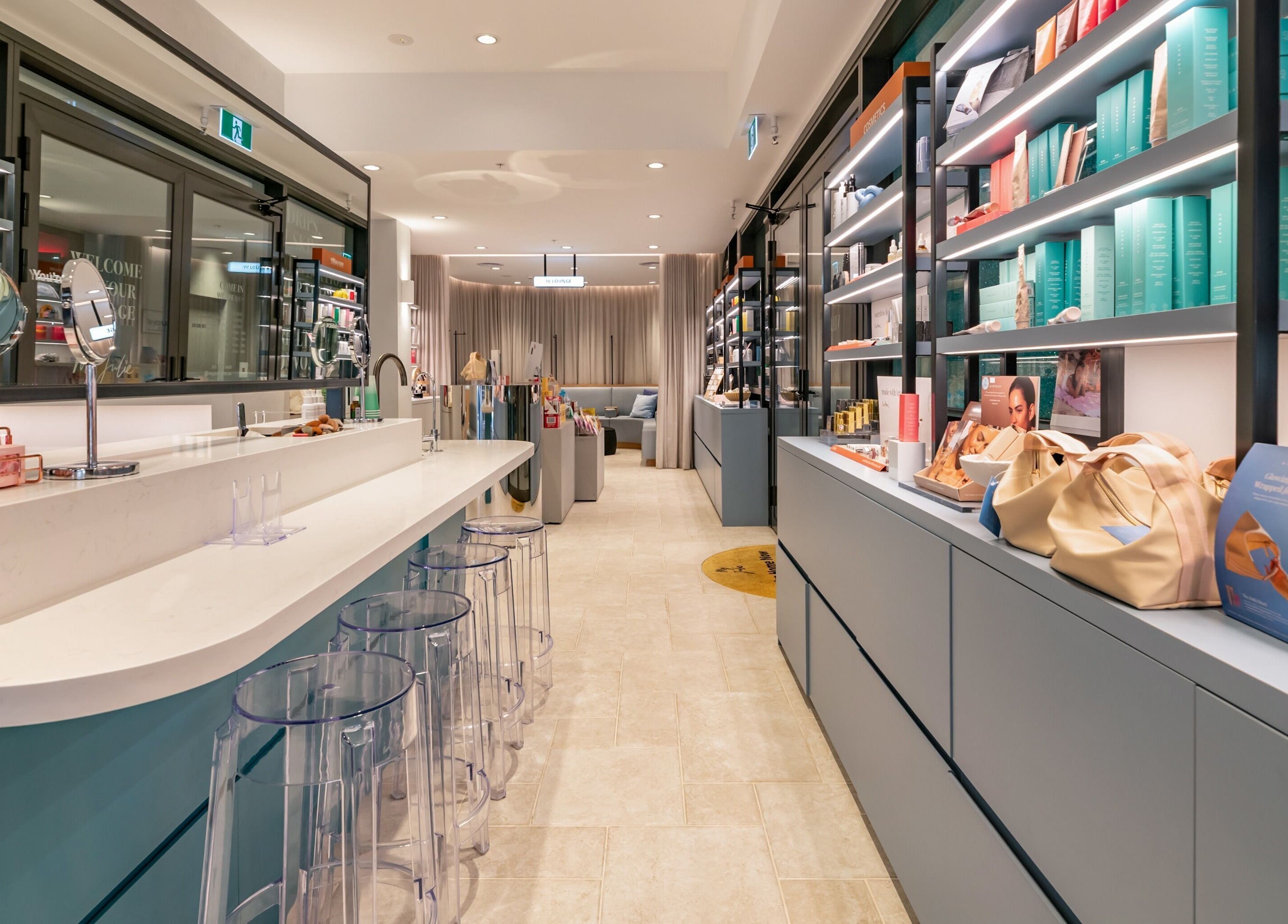 Elegant interior of My Julie in Moonee Ponds, Victoria, AU showcasing beauty products and a modern counter.