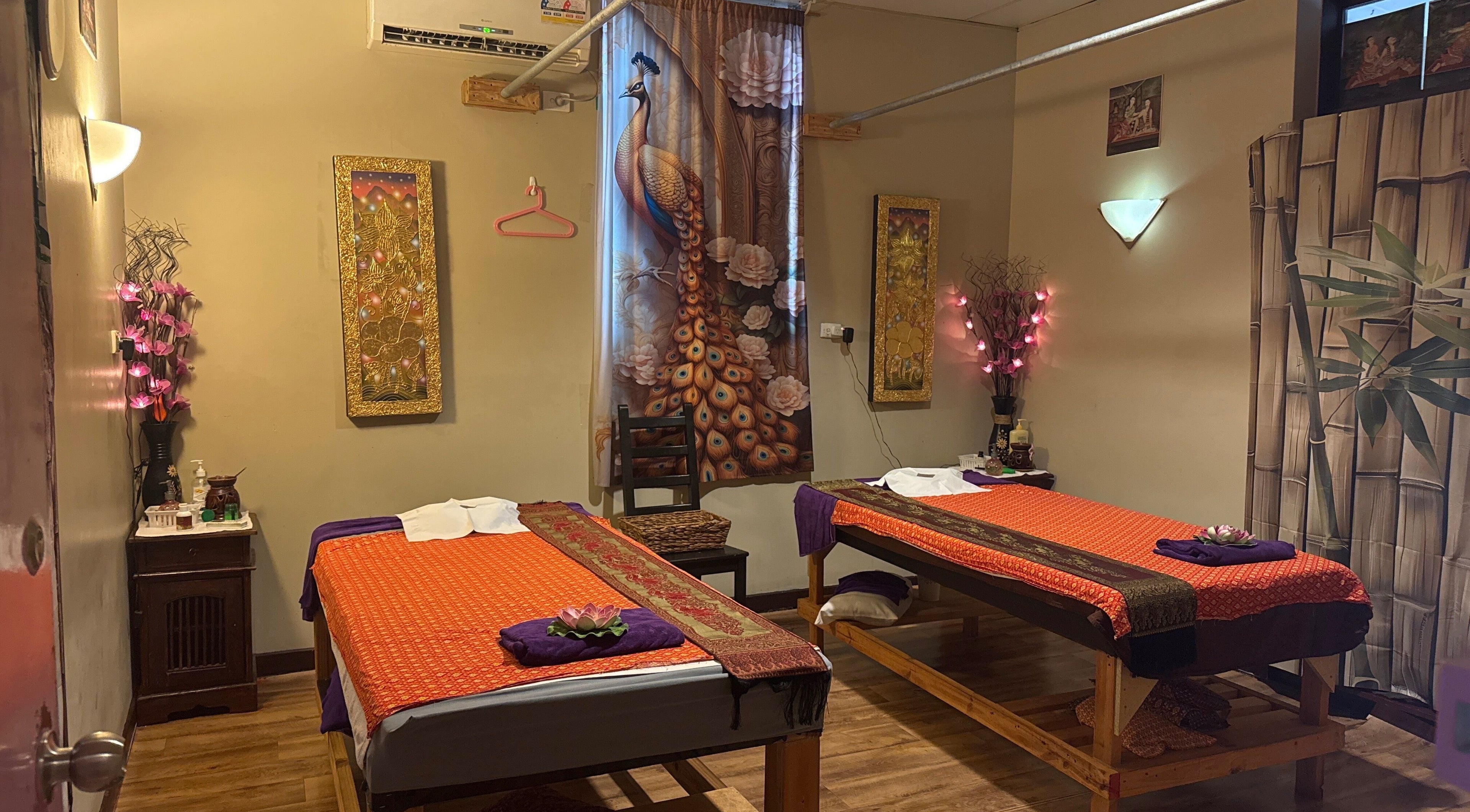 Relaxing massage room at Being Thai day spa, Woolloongabba, Queensland, AU with decorative elements.