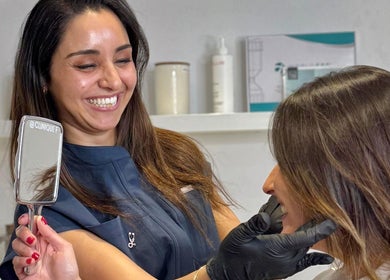 A client enjoys a consultation at Dr Imen Azabou's clinic in Montréal, Québec, CA.