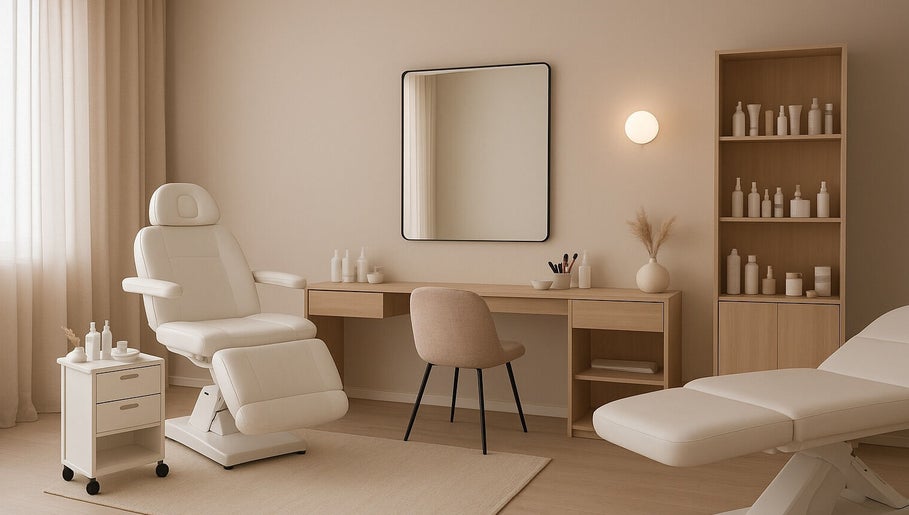 Interno moderno e rilassante del Make Up Azucena B a Bologna, IT con poltrone bianche e specchio.