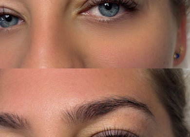 Close-up of professionally styled eyebrows and lashes at CL BEAUTY LOUNGE, Newcastle upon Tyne, England, GB.