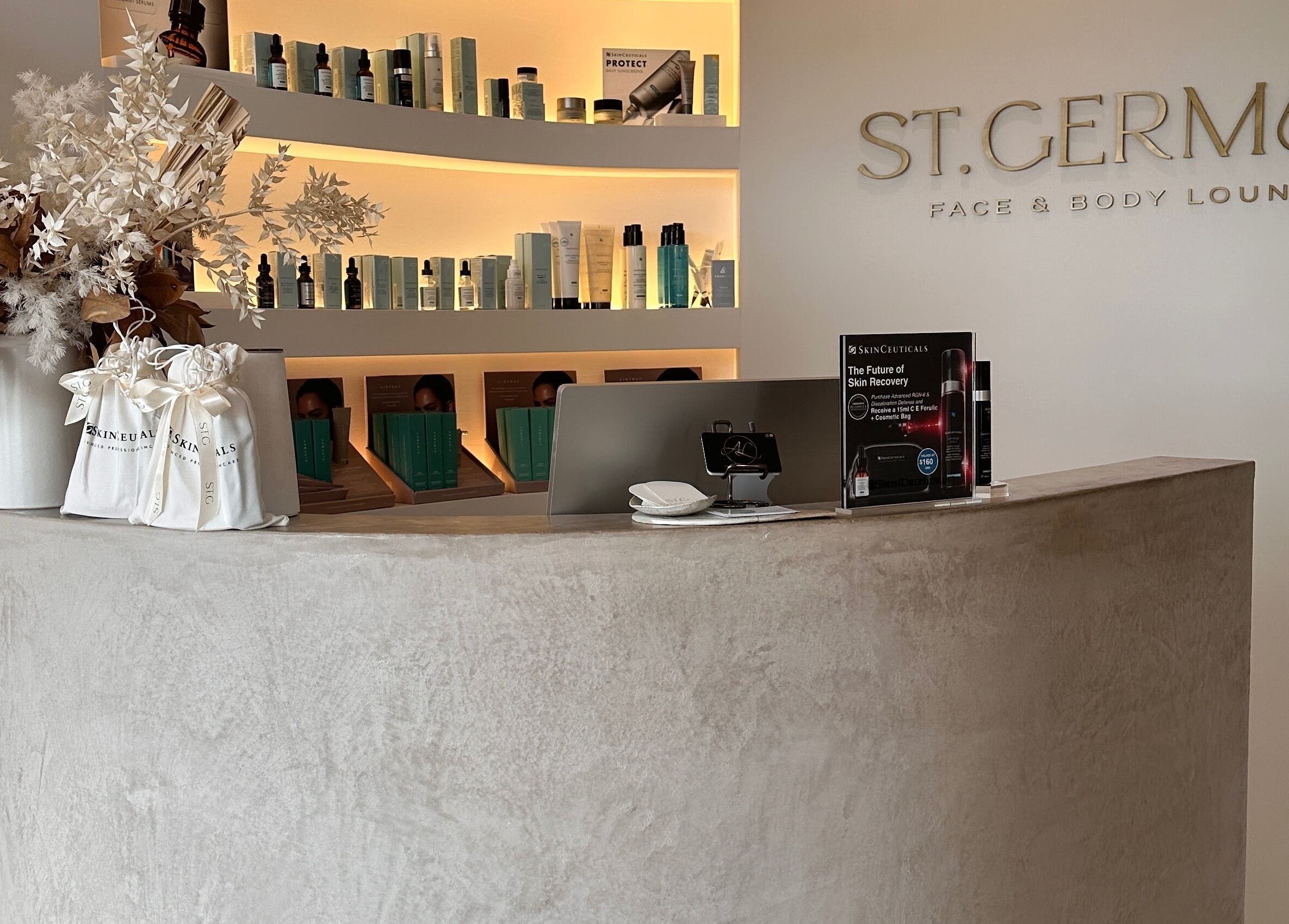 Reception area of Maison De Hannah, Sylvania Waters, New South Wales, AU featuring skincare products.