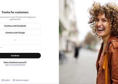 Smiling customer at Fvcndo Barbershop, Angeles, Central Luzon, PH with login options.