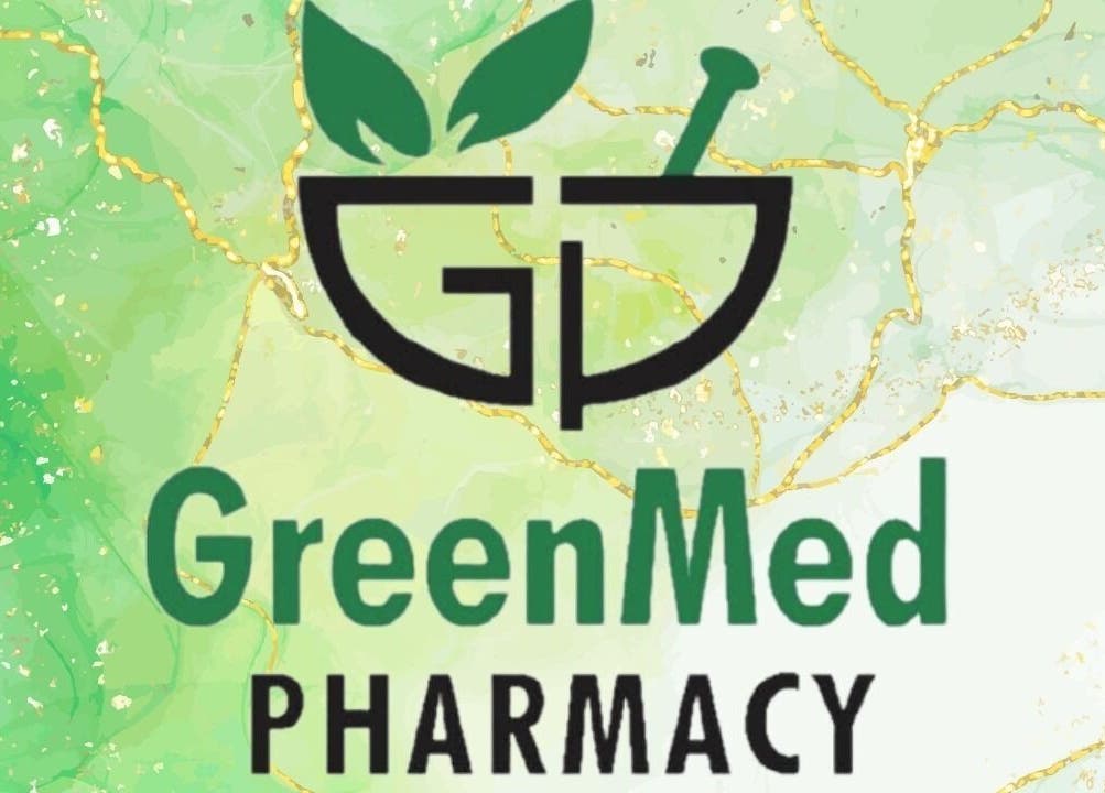 Greenmed Pharmacy's logo with green leaf design in Randfontein, Gauteng, ZA.