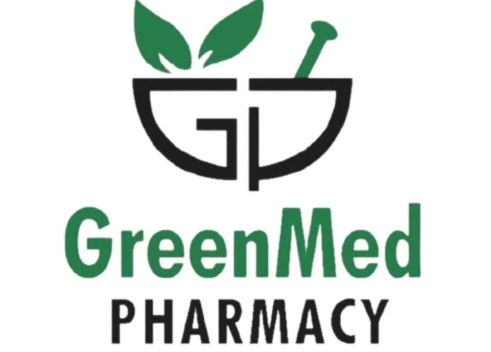 Greenmed Pharmacy logo featuring a mortar and pestle, located in Randfontein, Gauteng, ZA.