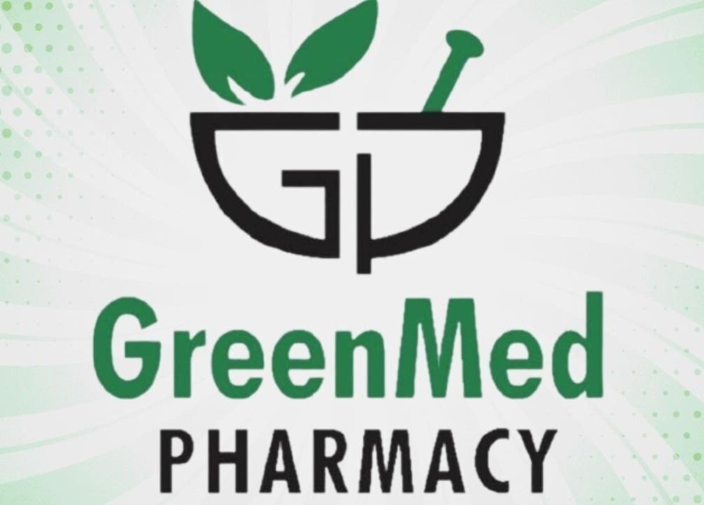 Logo of Greenmed Pharmacy with green leaves, located in Randfontein, Gauteng, ZA.