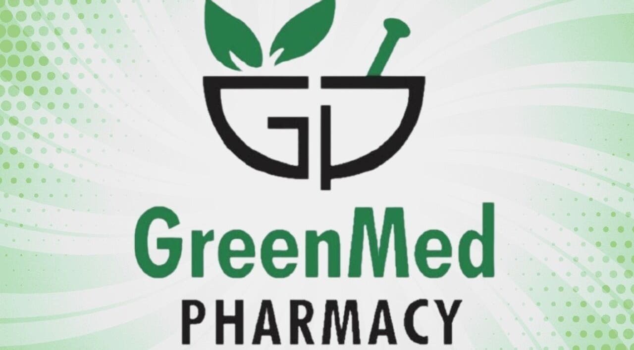 Logo of Greenmed Pharmacy with green leaves, located in Randfontein, Gauteng, ZA.