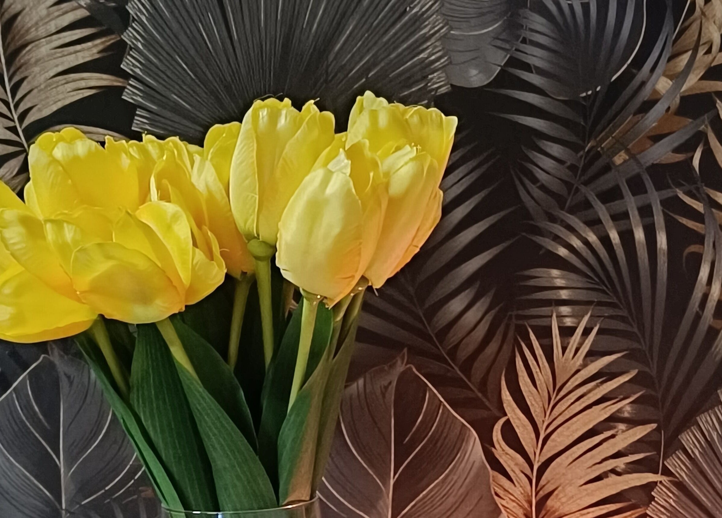 Tulipas amarelas vivas decoram o Centro Terapêutico Cátia Barbosa em Cervães, Braga, PT, destacando um papel de parede elegante.