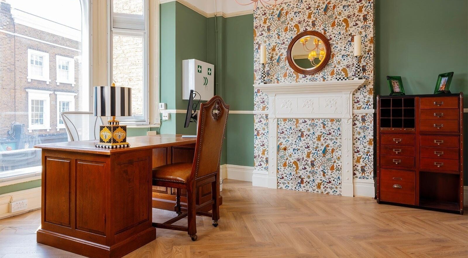Elegant office interior at The Blackheath Clinic in London, England, GB with classic wood furniture.