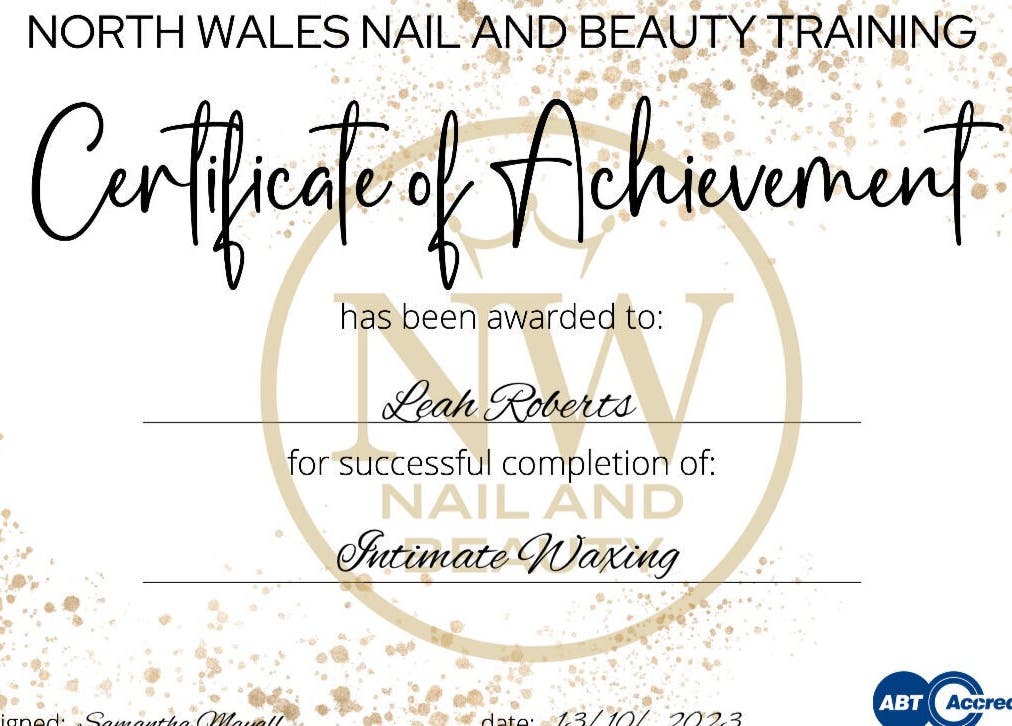 Certificate of Achievement at Waxio Leah Mari Waxing in Llanrwst, Wales, GB for intimate waxing.