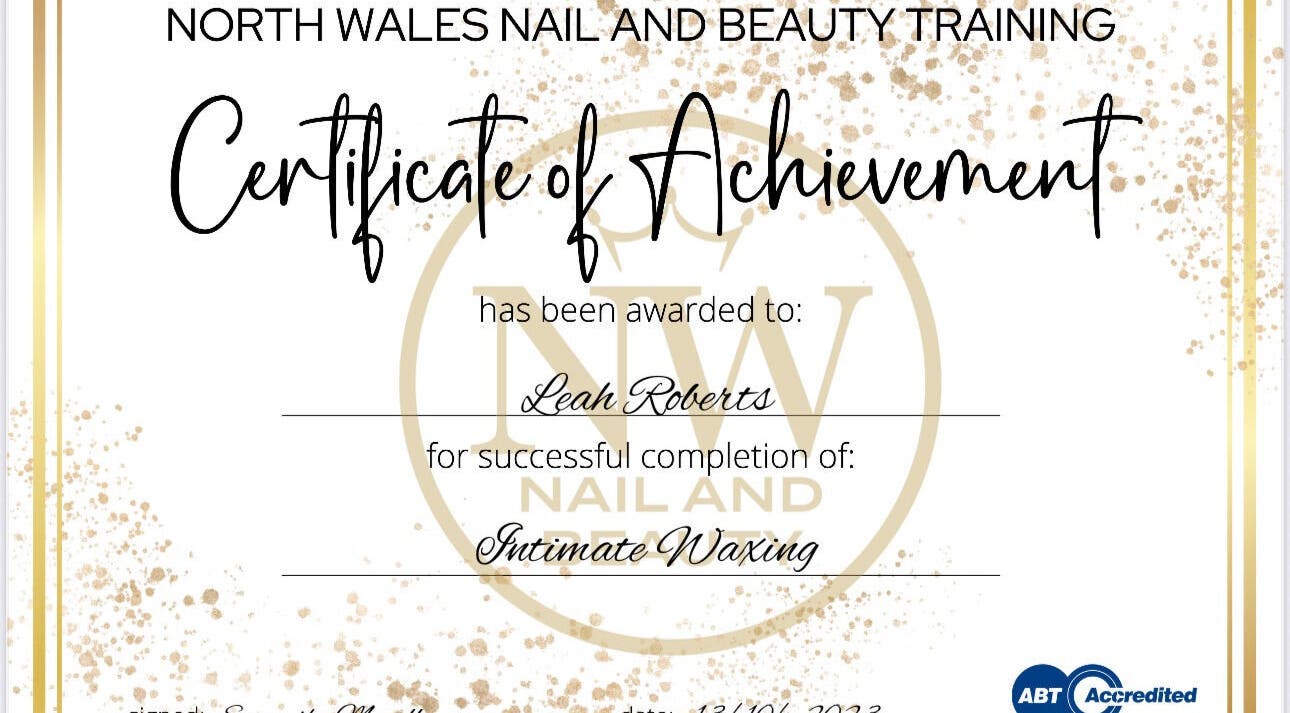 Certificate of Achievement at Waxio Leah Mari Waxing in Llanrwst, Wales, GB for intimate waxing.