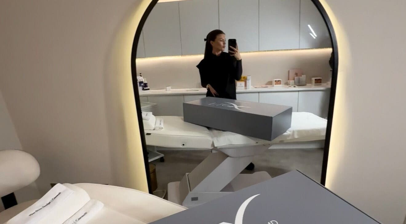 Modern interior of The Skin Sculpt Consult, Southport, England, GB with treatment bed and products.