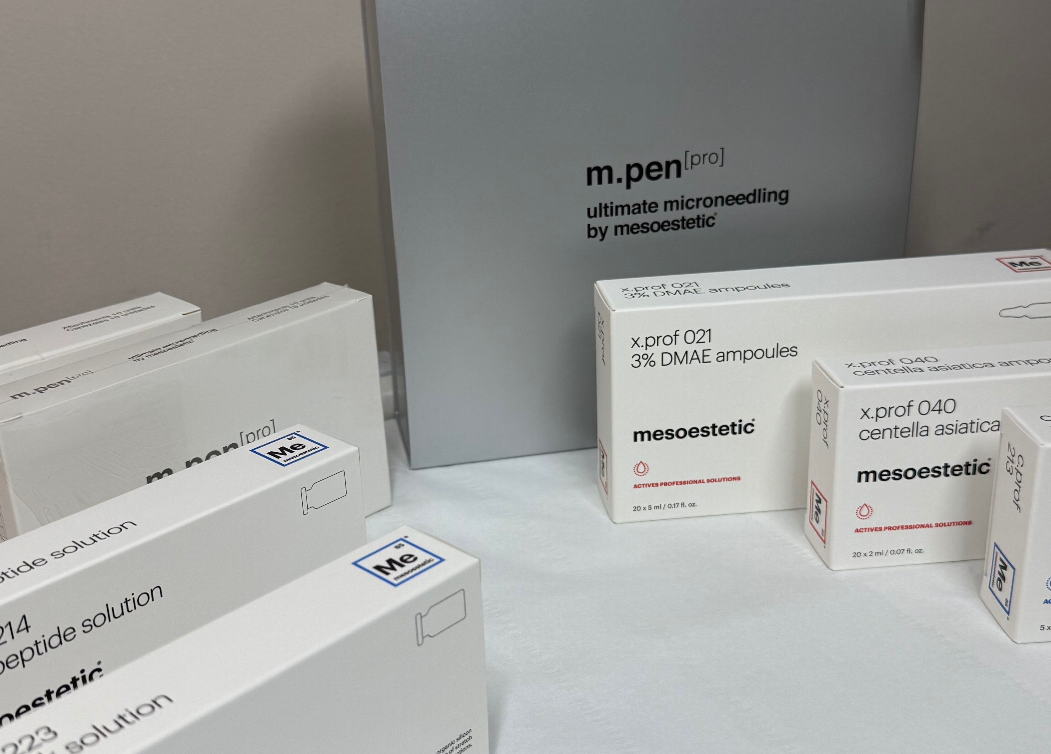 Mesoesthetic products displayed at The Skin Sculpt Consult, Southport, England, GB for advanced skincare solutions.