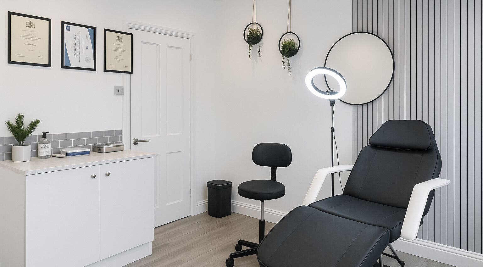 Modern treatment room at Filosophy Aesthetics Clinic, Newcastle upon Tyne, England, GB with sleek furnishings.