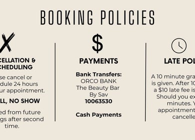 Booking policies of The Beauty Bar By Sav & Co in Philipsburg, detailing cancellation and payment rules.