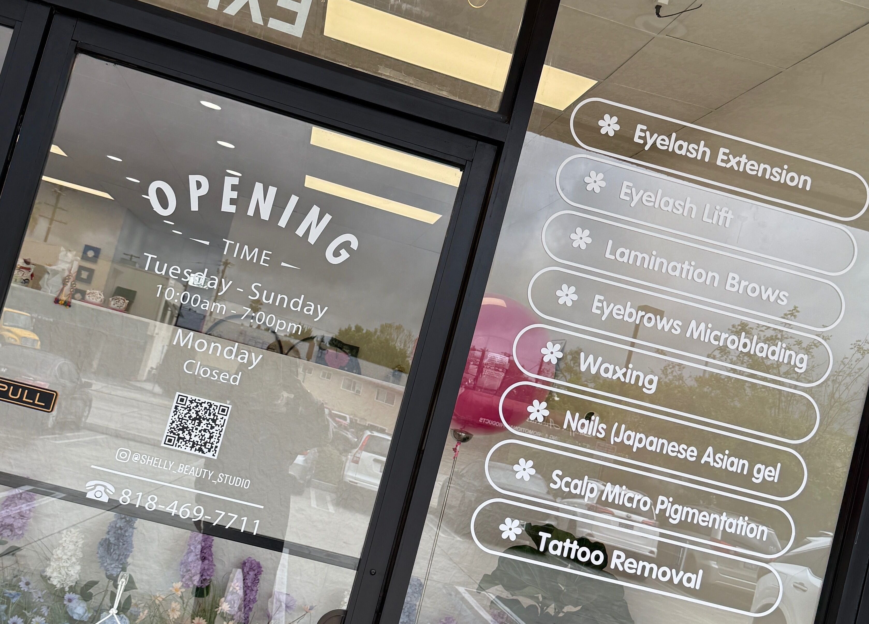 Shelly Beauty Studio entrance in Monrovia, California displaying service menu and hours.