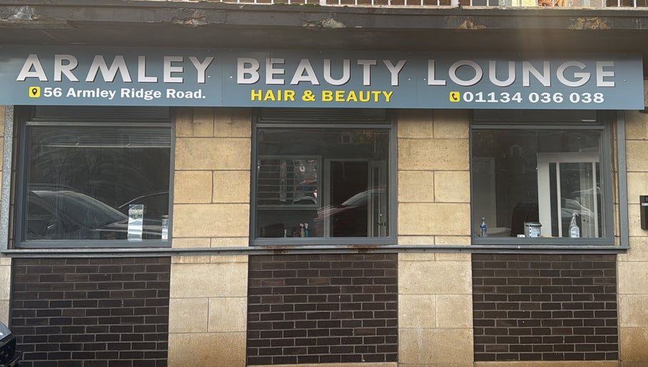Exterior view of Armley Beauty Lounge in Leeds, England, GB showcasing their sleek and inviting storefront.