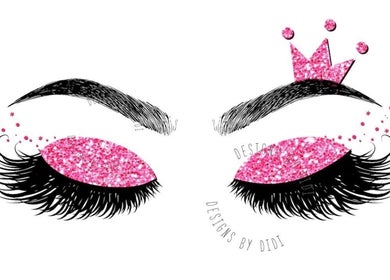 Illustration of pink glittery eyelids with bold lashes from Lashes by smocchieee, Kingstown, St. George, VC.