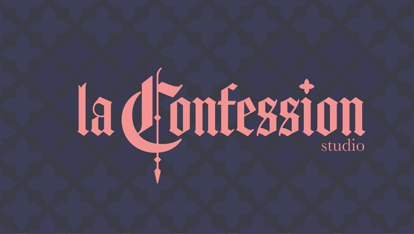 Logo distinctif de Studio La Confession à Montréal, Québec, CA, sur fond graphique élégant.