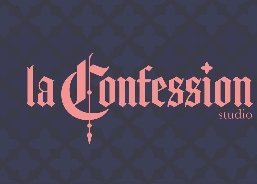 Logo distinctif de Studio La Confession à Montréal, Québec, CA, sur fond graphique élégant.