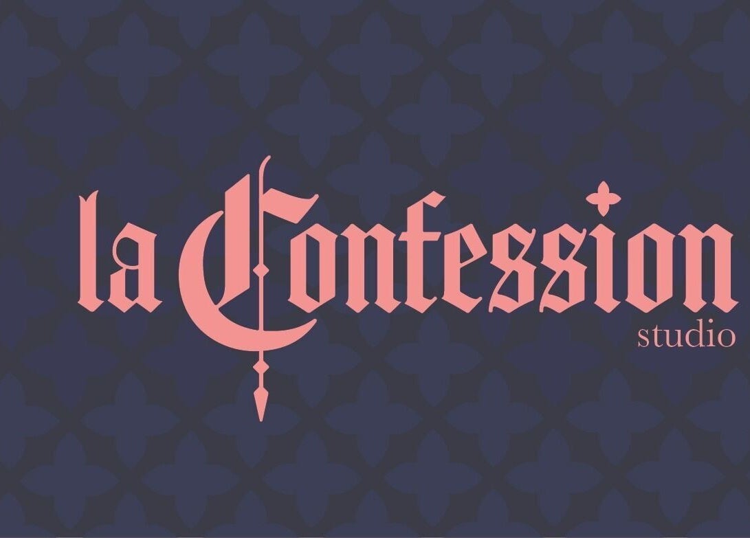 Logo distinctif de Studio La Confession à Montréal, Québec, CA, sur fond graphique élégant.