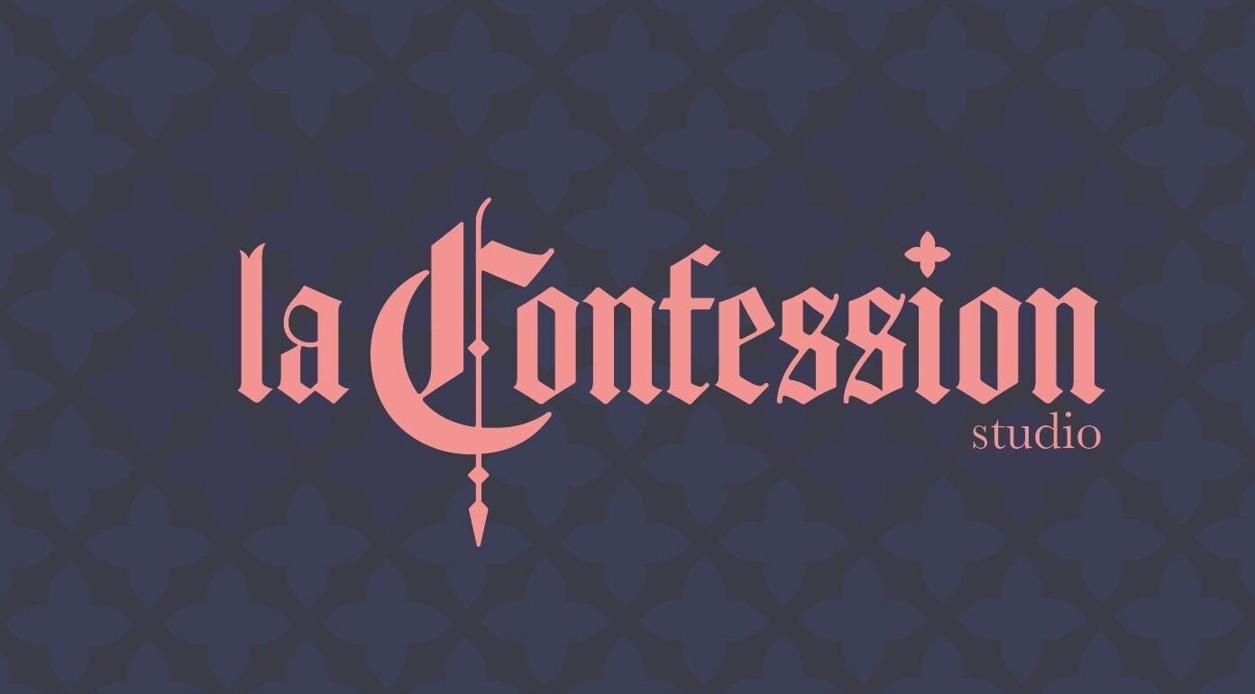 Logo distinctif de Studio La Confession à Montréal, Québec, CA, sur fond graphique élégant.
