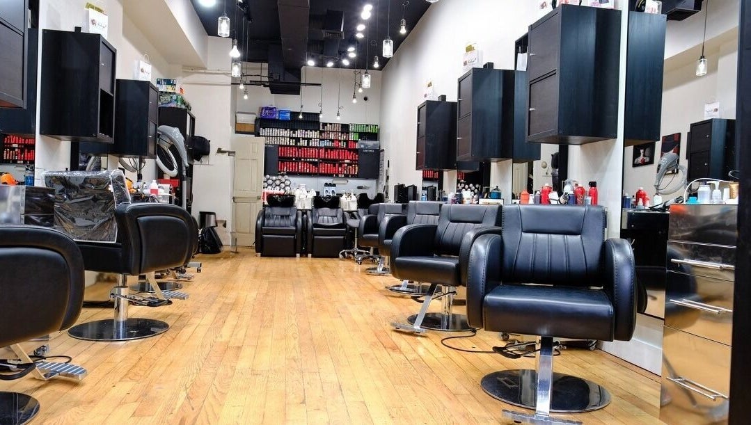 Spacious, stylish interior of Jason Mönet Hair at Stefano Oliveri Salon in New York, New York, US.