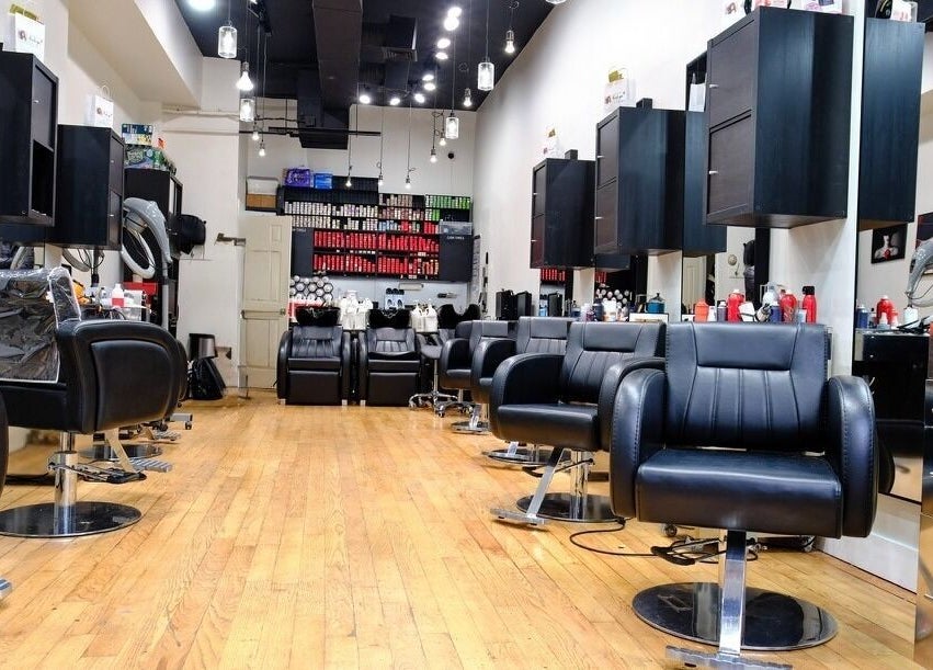 Spacious, stylish interior of Jason Mönet Hair at Stefano Oliveri Salon in New York, New York, US.