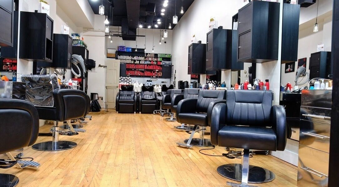 Spacious, stylish interior of Jason Mönet Hair at Stefano Oliveri Salon in New York, New York, US.