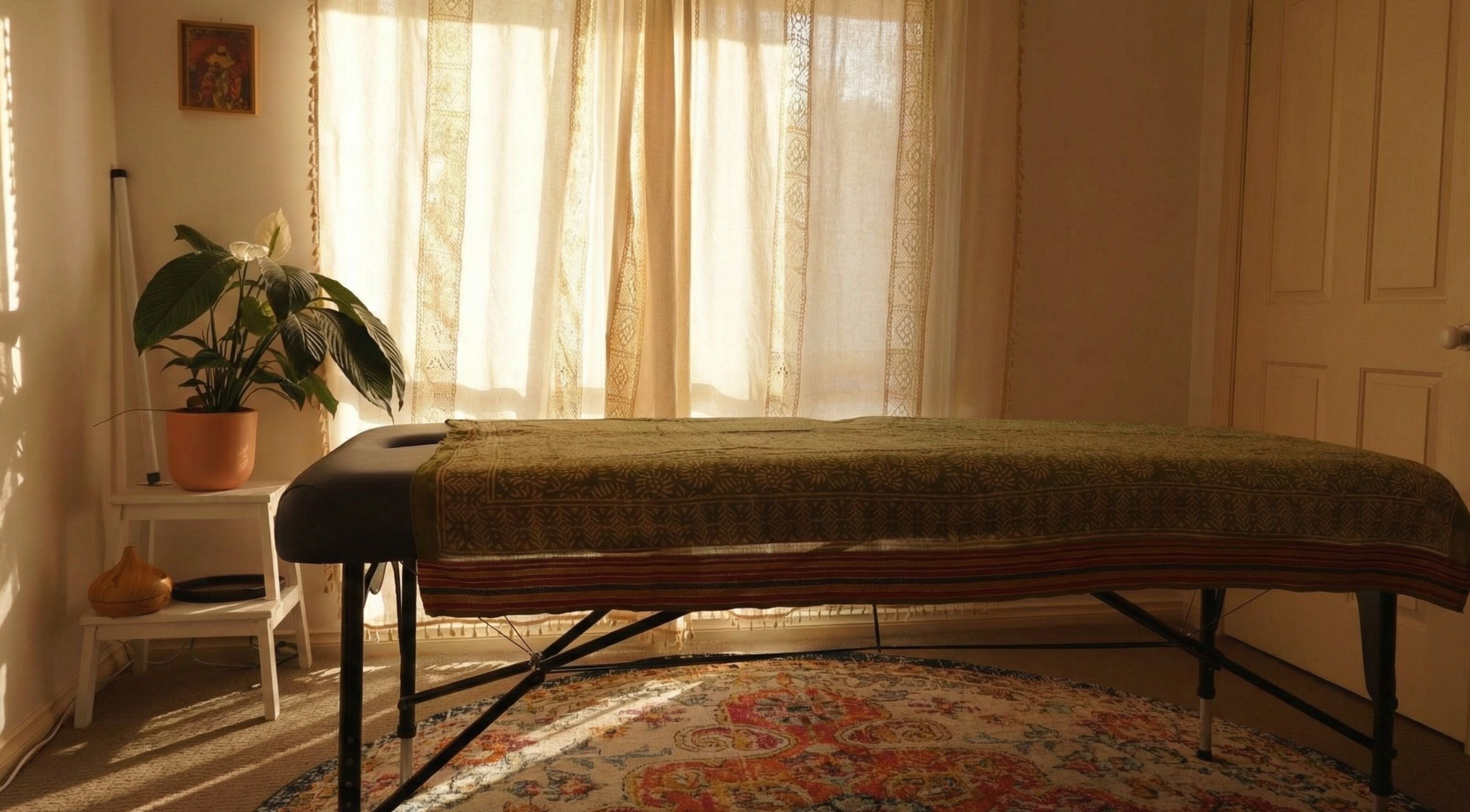 Calm, sunlit massage room at Temple Flow Massage and Bodywork - Epping, Epping, Victoria, AU with peaceful decor.