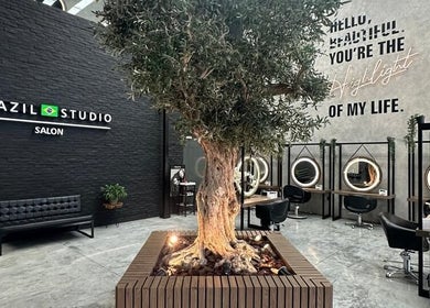 Interior moderno do Brazil Studio Salon, Manama, com árvore central e estações de beleza.