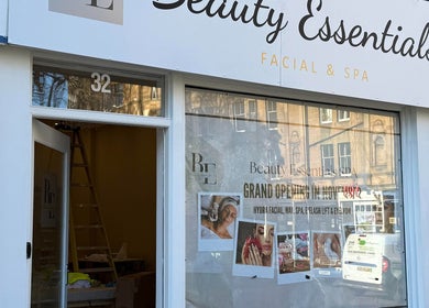 Beauty Essentials storefront in Edinburgh, Scotland, GB showcasing its grand opening.