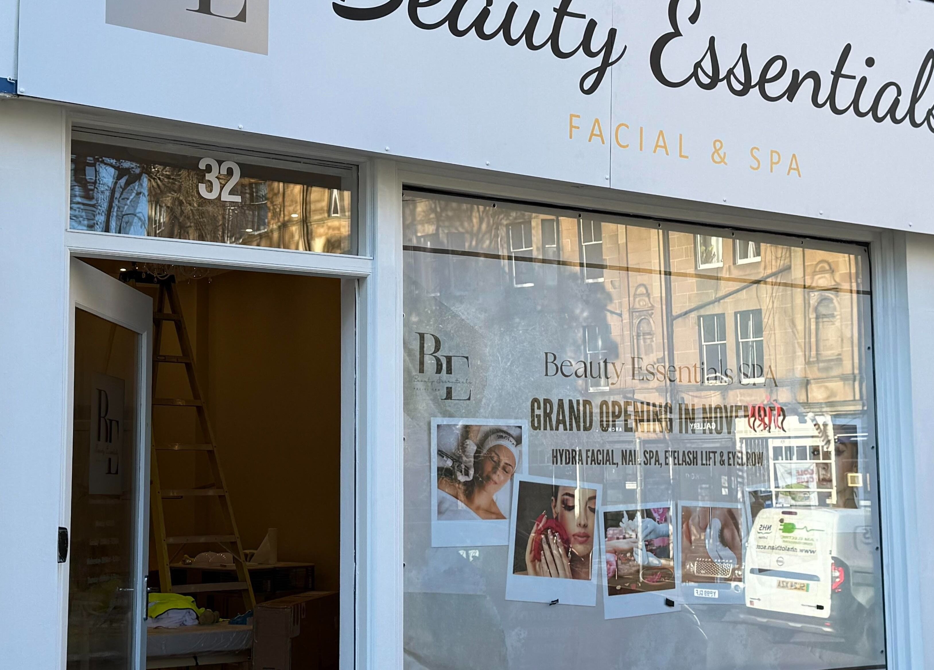 Beauty Essentials storefront in Edinburgh, Scotland, GB showcasing its grand opening.