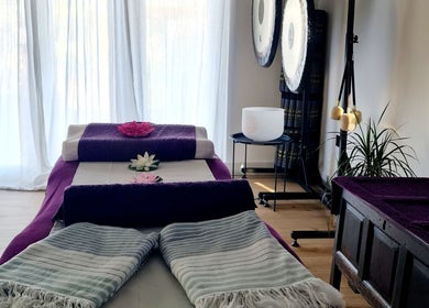 Relaxing massage table setup in THE TEMPLE ROOM, Minster On Sea, England, GB, with serene decor.