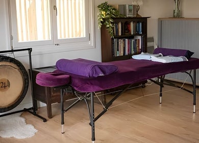 Relaxing therapy room at The Temple Room featuring a massage table in Minster On Sea, England, GB.