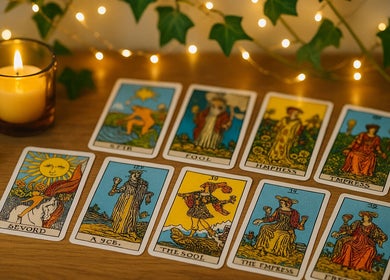 Cozy tarot card setup at Mahalia Phoenix Intuitive Tarot, Barcelona, Catalunya, ES for spiritual guidance.