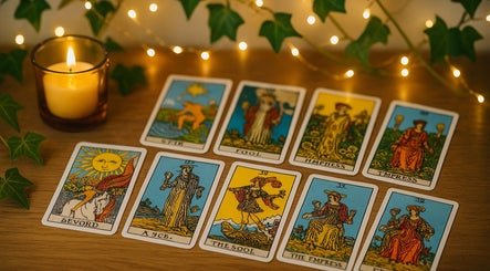 Cozy tarot card setup at Mahalia Phoenix Intuitive Tarot, Barcelona, Catalunya, ES for spiritual guidance.