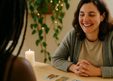Smiling woman enjoys a tarot reading at Mahalia Phoenix Intuitive Tarot, Barcelona, Catalunya, ES.
