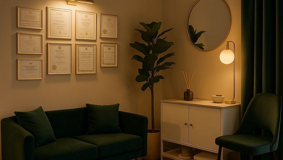 Wnętrze ArtMasaż w Poznań, Województwo Wielkopolskie, PL z zieloną sofą, certyfikatami i lampą.