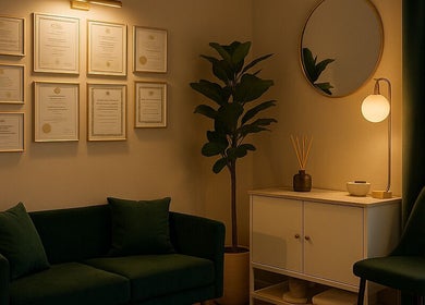 Wnętrze ArtMasaż w Poznań, Województwo Wielkopolskie, PL z zieloną sofą, certyfikatami i lampą.