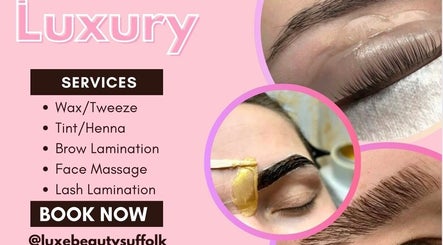 Luxe Beauty Suffolk services list in Ipswich, England, GB featuring brow lamination and face massage.