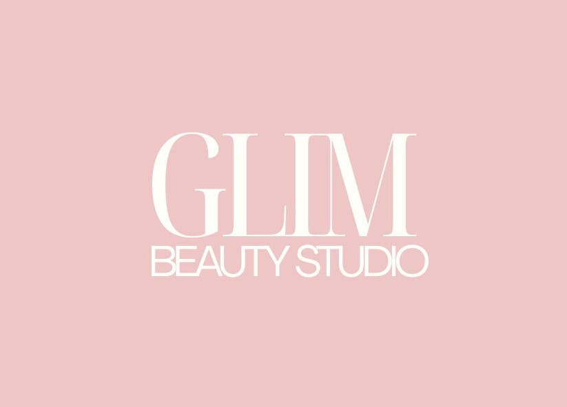 Elegant GLIM Beauty Studio logo on a soft pink background, located in Chelmsford, England, GB.