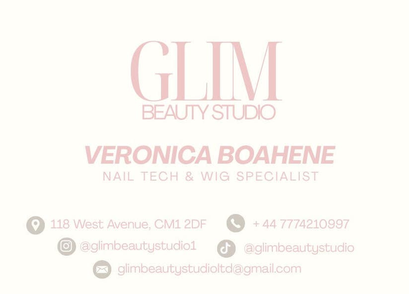 Business card of GLIM Beauty Studio in Chelmsford, England, GB with contact details and social media.