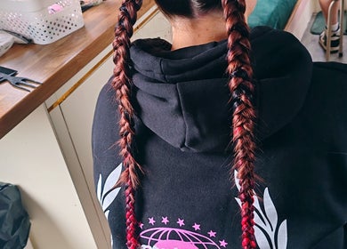 Intricate braided hairstyle at Faces of Angels, Hartlepool, England, GB beauty salon.
